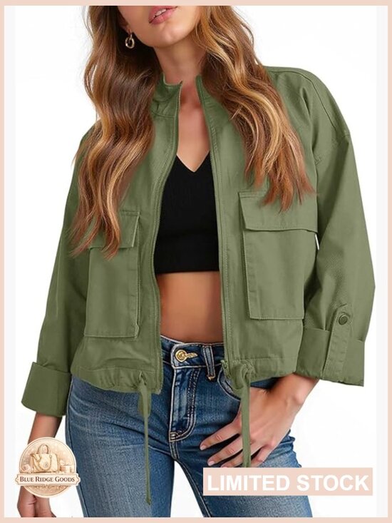 Jackets & Blazers - Cropped Utility Jacket Lightweight Military Safari Zip Up Casual Coat
